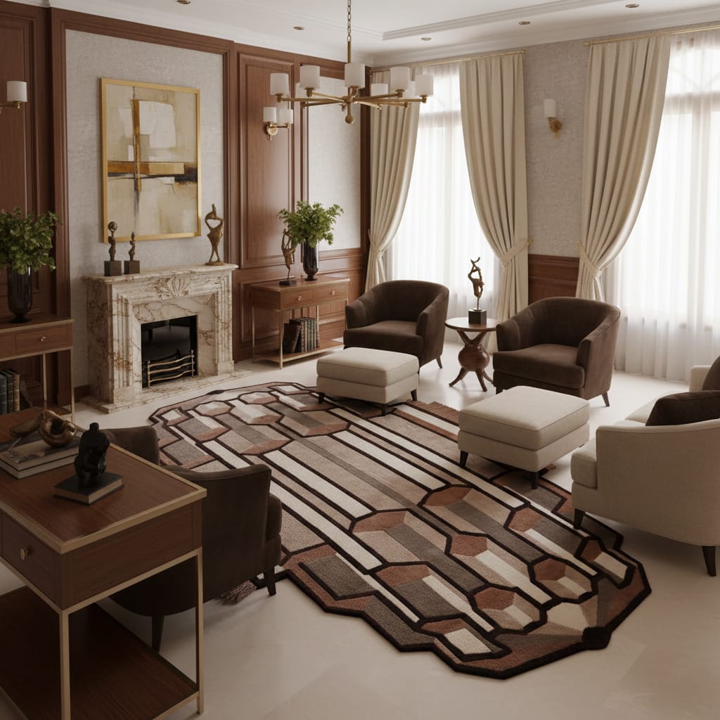Hand-Tufted Architectural Art Deco Wool Rug in Beige & Camel – Luxury Designer Statement Carpet by Room Rituals | Living Room & Hallway Rug