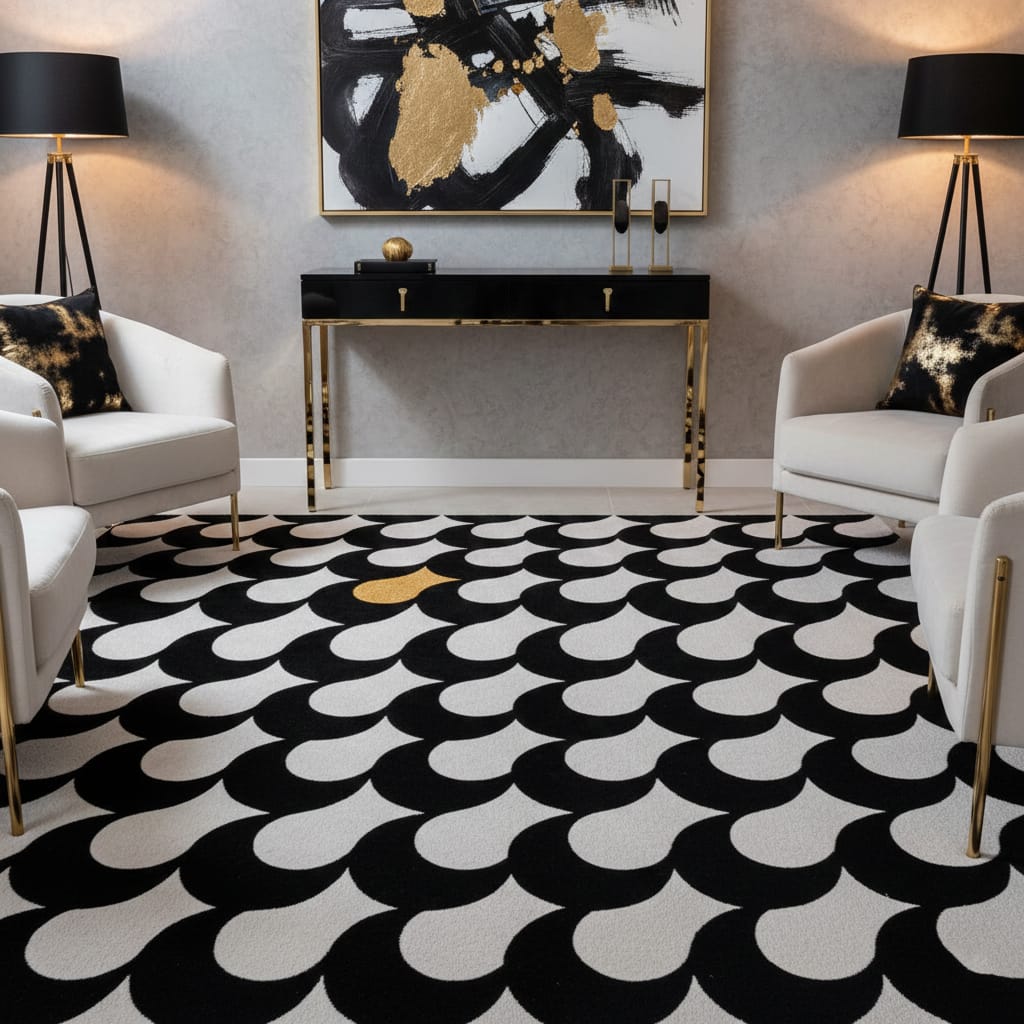 Hand-Tufted Black & White Modern Pattern Wool Rug with Gold Accent – Luxury Designer Carpet by Room Rituals | Living Room & Lounge Rug