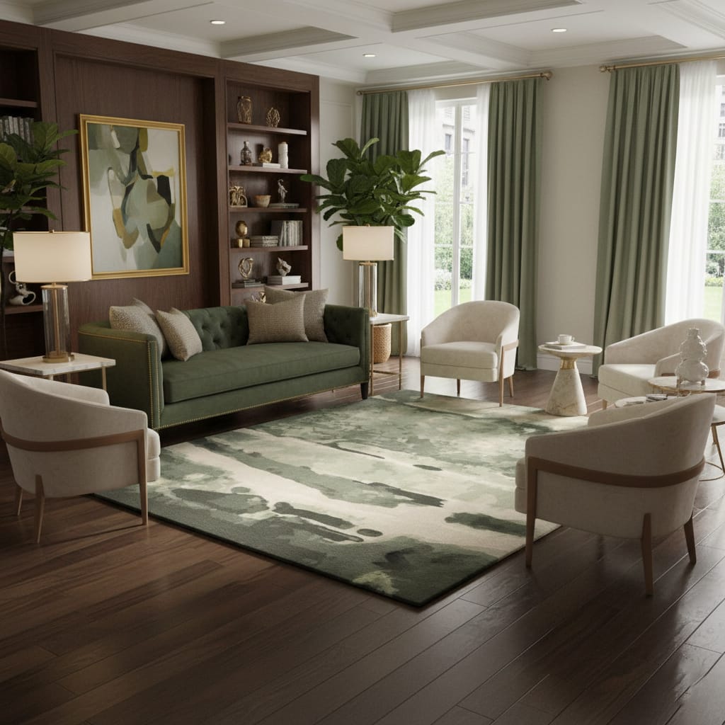 Hand-Tufted Moss Green Abstract Wool Rug – Nature Inspired Luxury Designer Carpet by Room Rituals | Living Room & Bedroom Rug