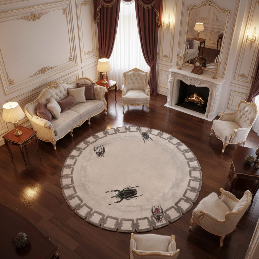 Hand-Tufted Beige Round Wool Rug with Artistic Beetle Motifs – Luxury Designer Statement Carpet by Room Rituals | Living Room & Lounge Rug