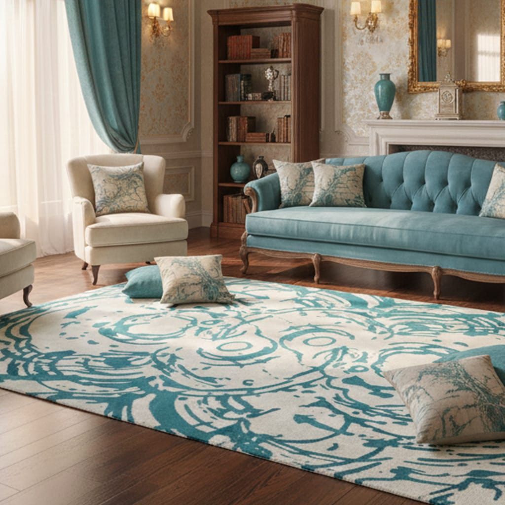 Hand-Tufted Abstract Teal Brushstroke Wool Rug – Artistic Modern Designer Carpet by Room Rituals | Living Room & Studio Rug