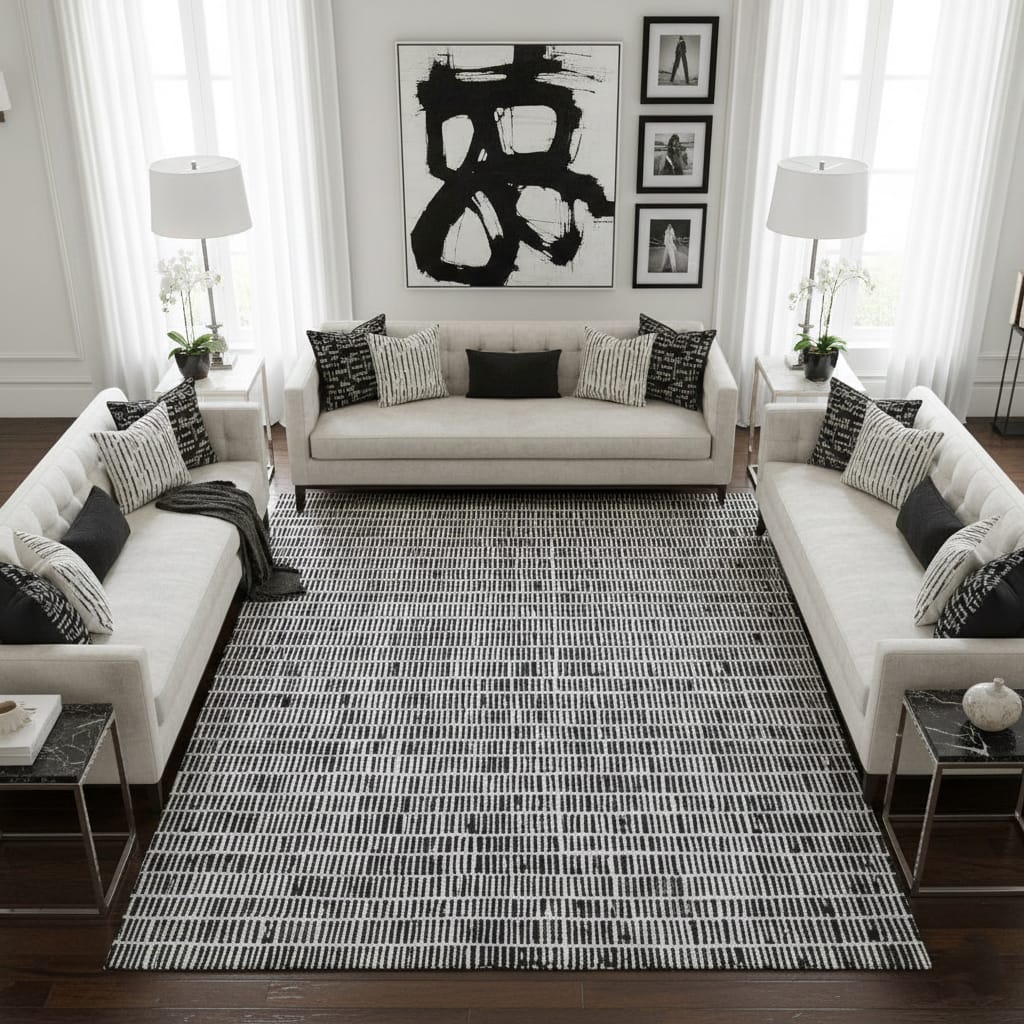Hand-Tufted Black & White Textured Line Wool Rug – Luxury Modern Minimal Carpet by Room Rituals | Living Room & Bedroom Rug