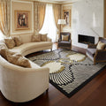 Hand-Tufted Black & Ivory Wave Pattern Wool Rug with Gold Ornamental Motif – Luxury Artistic Statement Carpet by Room Rituals | Living Room & Lounge Rug