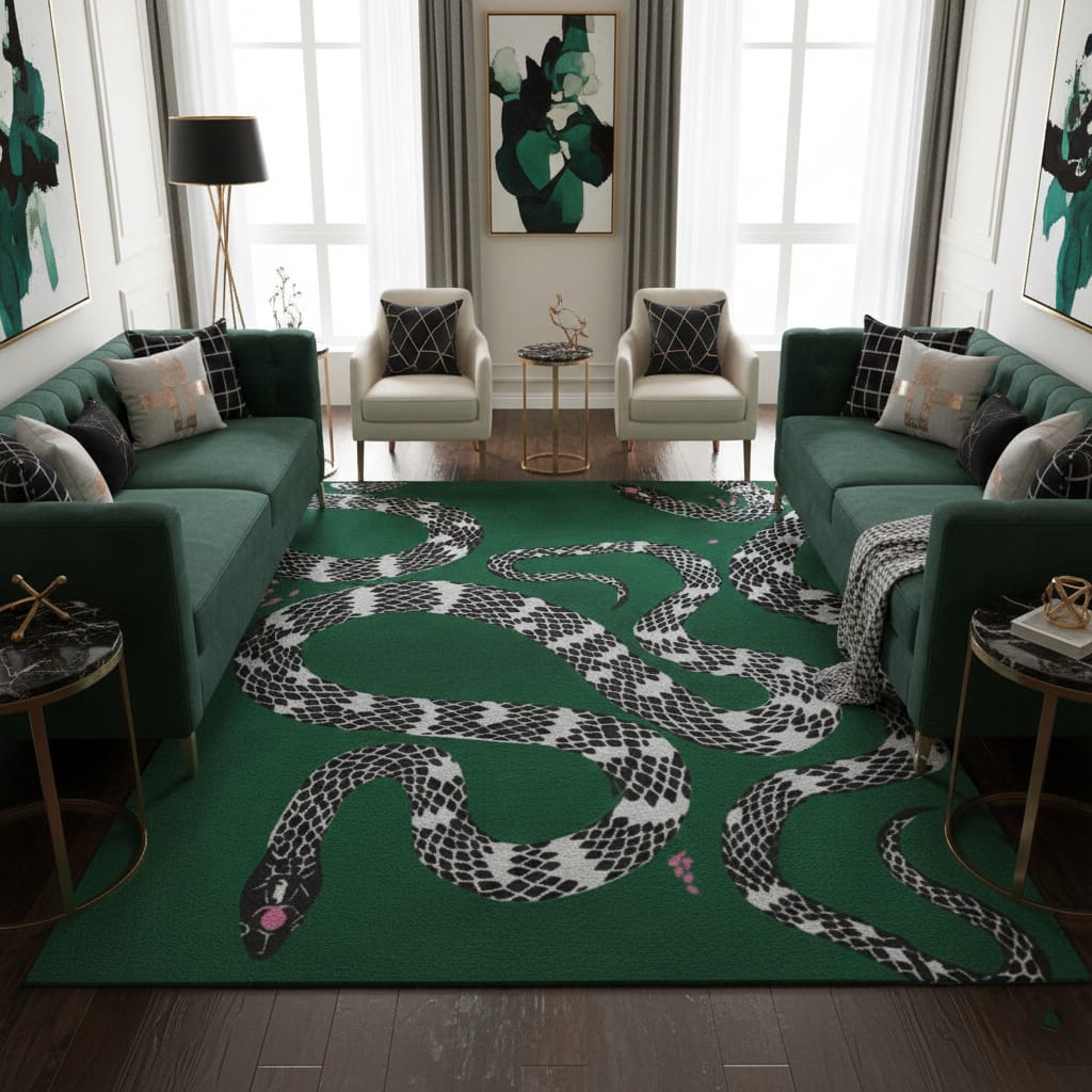 Hand-Tufted Green Serpent Art Wool Rug – Luxury Statement Designer Carpet by Room Rituals | Living Room & Lounge Rug
