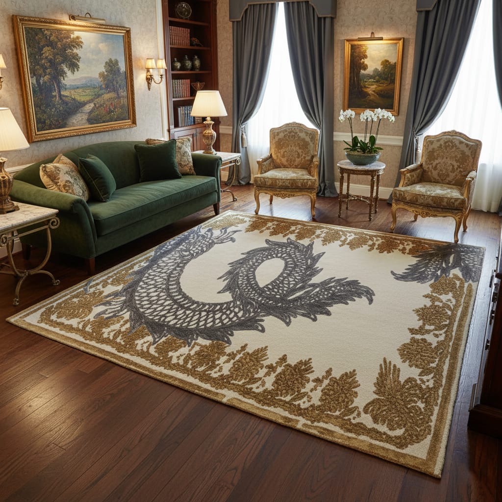 Hand-Tufted Antique Gold & Charcoal Dragon Wool Rug – Luxury Artistic Heritage Carpet by Room Rituals | Living Room & Lounge Rug