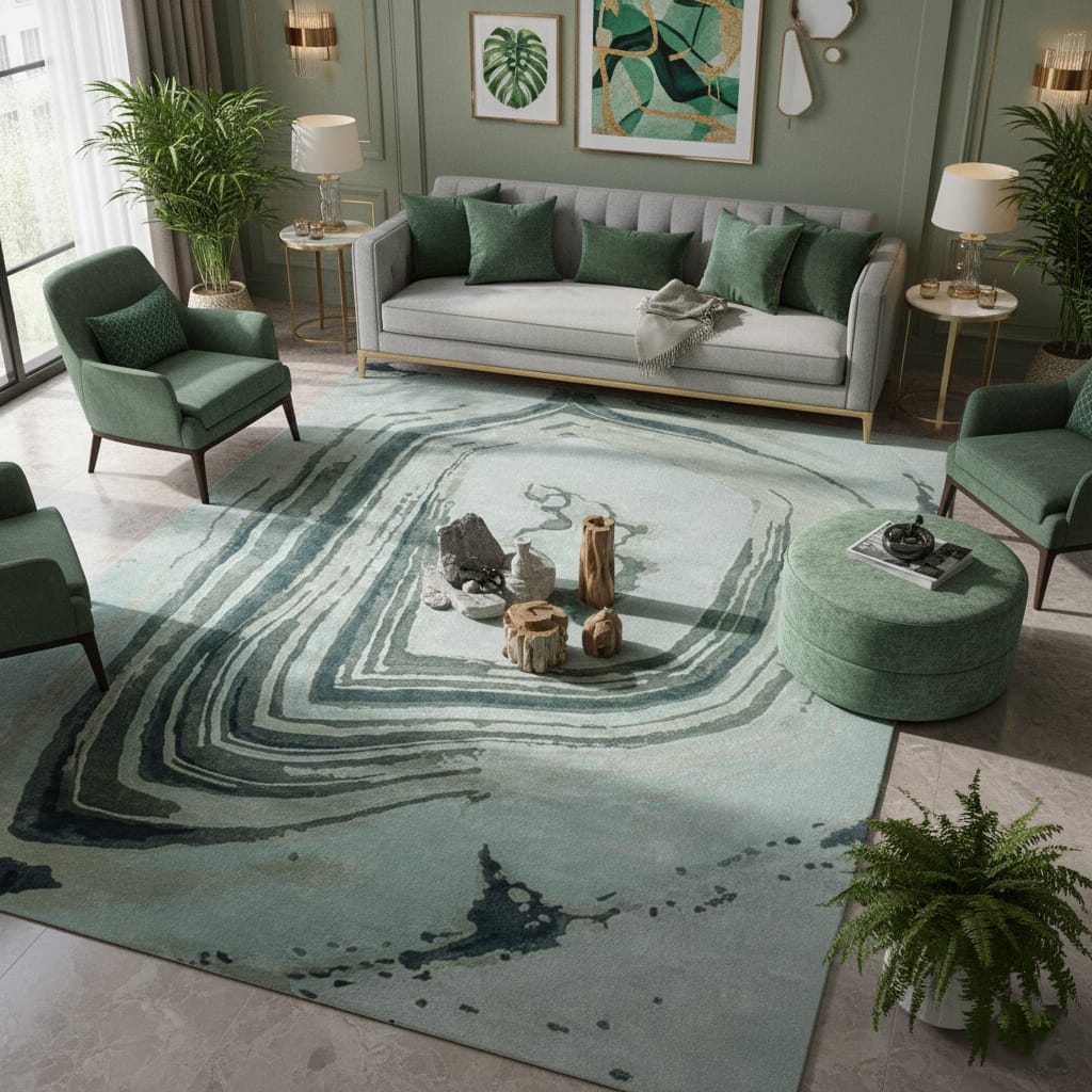 Emerald Green Malachite Pattern Wool Rug – Luxury Hand-Tufted Art Carpet | Room Rituals
