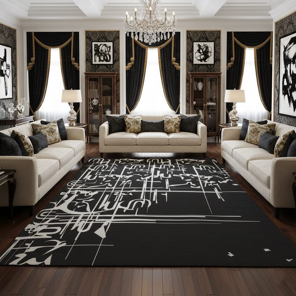 Black & White Abstract Calligraphy Art Rug – Luxury Hand-Tufted Wool Carpet | Modern Minimalist Statement Rug | Room Rituals