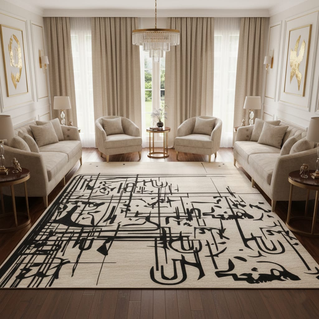 Cream & Black Abstract Calligraphy Art Rug – Hand-Tufted Wool Carpet | Modern Minimalist Designer Floor Rug | Room Rituals