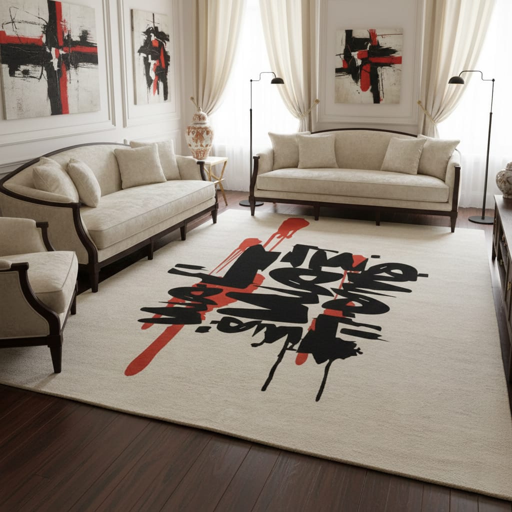 Urban Graffiti Art Rug with Orange Brush Strokes – Hand-Tufted Wool Carpet | Modern Street-Style Designer Rug | Room Rituals