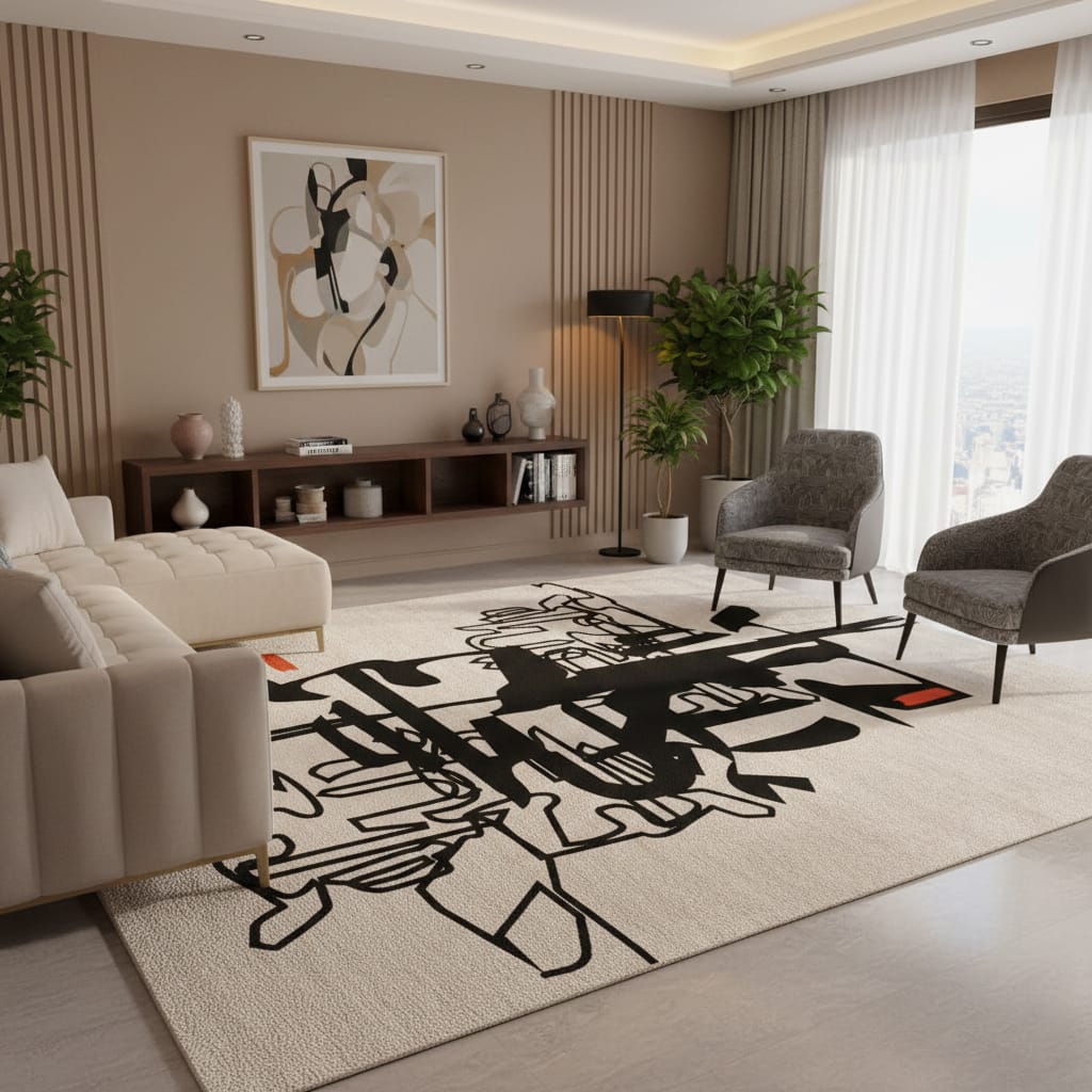 Abstract Line Art Rug in Cream & Black with Orange Accents – Hand-Tufted Modern Wool Carpet | Contemporary Artistic Décor | Room Rituals