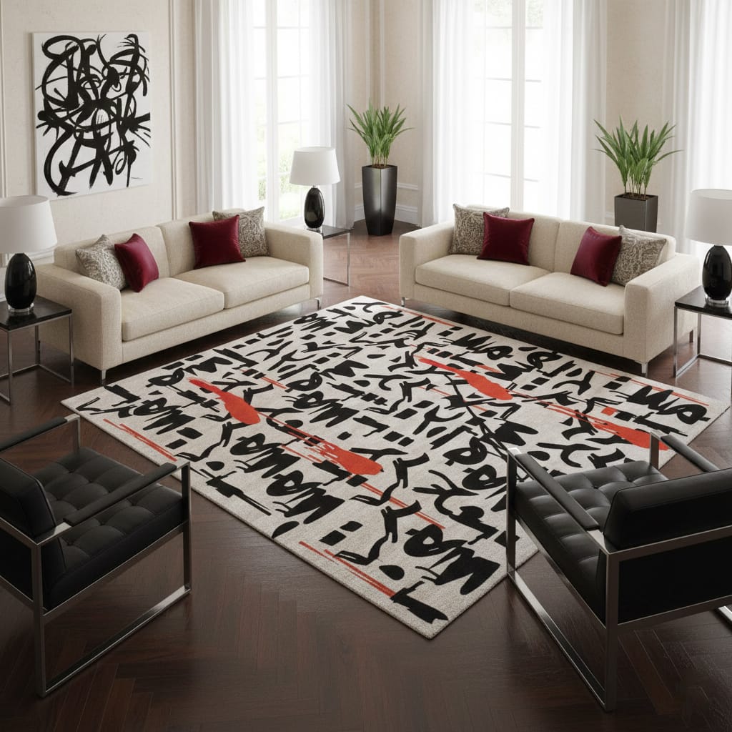 Abstract Graffiti Calligraphy Rug with Orange Brush Accents – Hand-Tufted Wool Designer Carpet | Modern Street-Art Style | Room Rituals