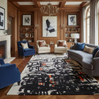 Layered Calligraphy Abstract Rug in Cream, Black & Orange – Hand-Tufted Wool Contemporary Art Carpet | Modern Design Statement | Room Rituals