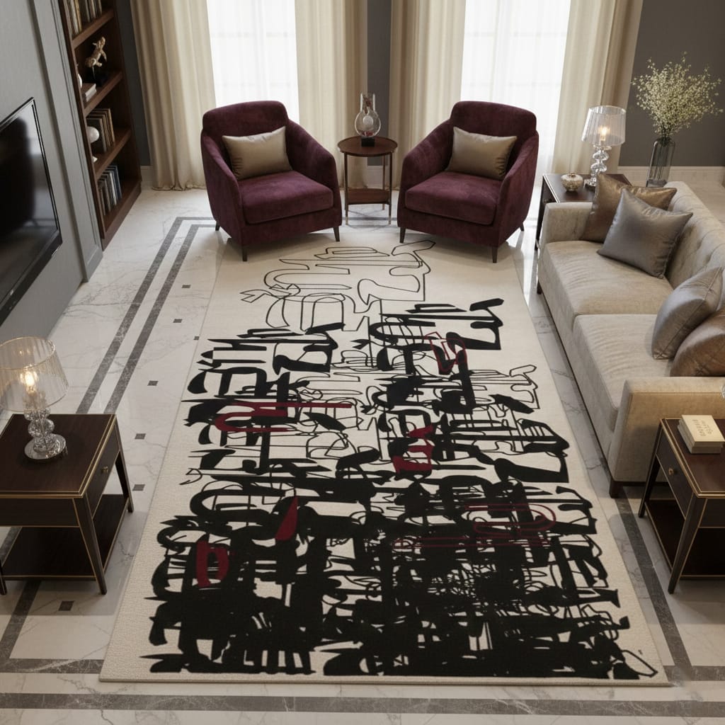 Layered Calligraphy Abstract Rug in Cream, Black & Deep Red – Hand-Tufted Wool Artistic Carpet | Modern Design Statement | Room Rituals