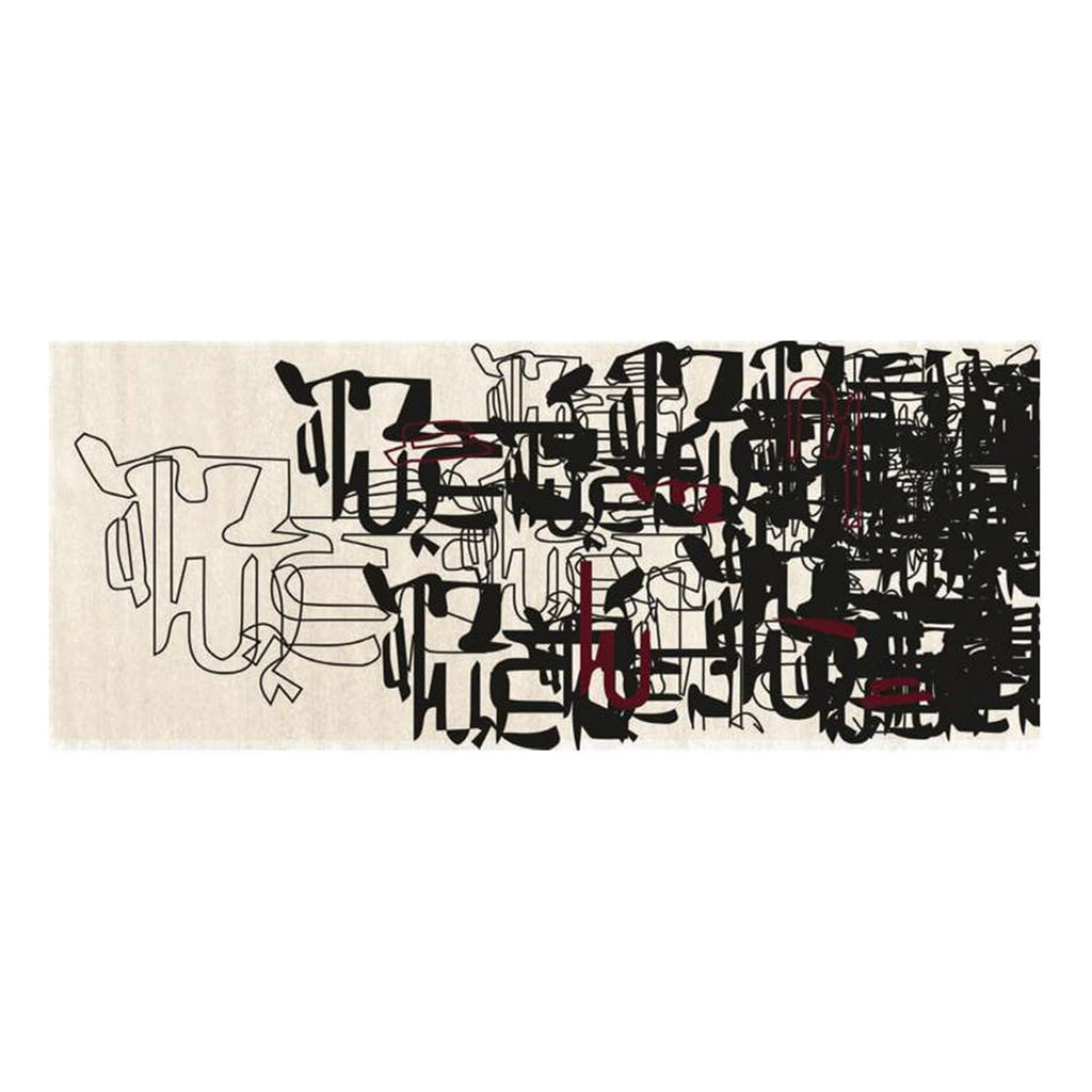 Layered Calligraphy Abstract Rug in Cream, Black & Deep Red – Hand-Tufted Wool Artistic Carpet | Modern Design Statement | Room Rituals