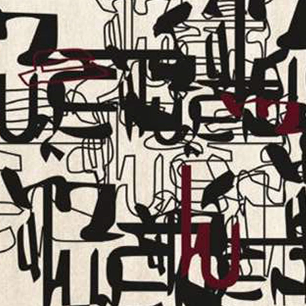 Layered Calligraphy Abstract Rug in Cream, Black & Deep Red – Hand-Tufted Wool Artistic Carpet | Modern Design Statement | Room Rituals