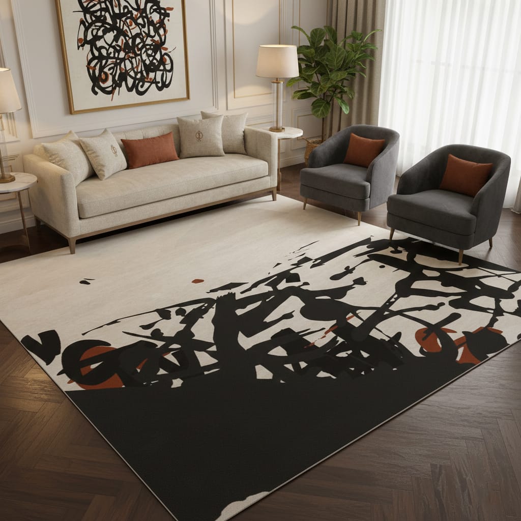 Half Abstract Calligraphy Art Rug in Cream, Black & Rust – Hand-Tufted Wool Contemporary Designer Carpet | Room Rituals