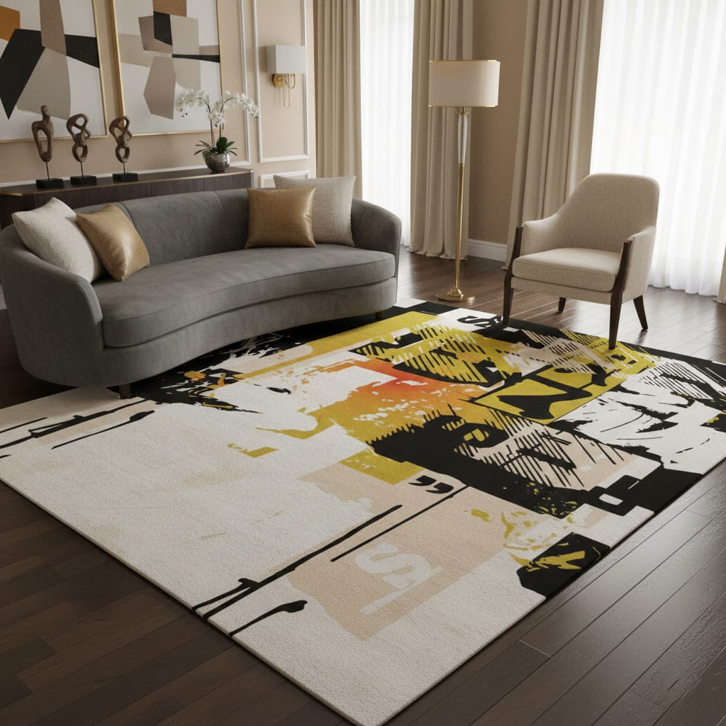 Urban Street Art Rug in Yellow, Black & Orange – Hand-Tufted Wool Contemporary Graphic Carpet | Room Rituals