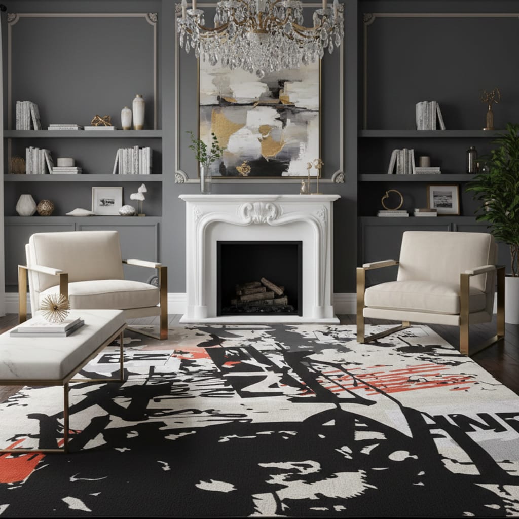 Grunge Graffiti Collage Rug in Cream, Black & Orange – Hand-Tufted Wool Urban Contemporary Carpet | Room Rituals