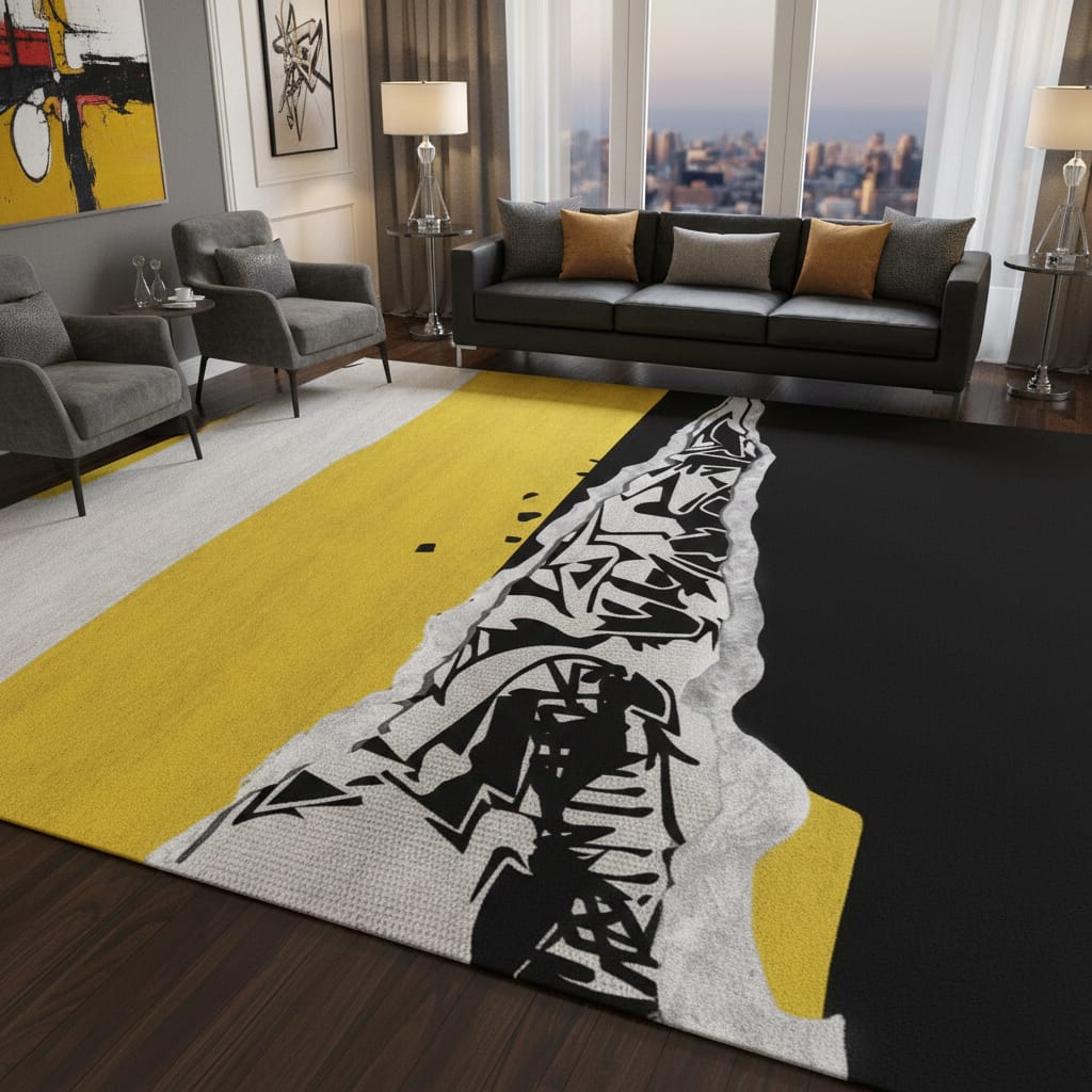 Torn Wall Graffiti Rug in Yellow, Black & White – Hand-Tufted Wool Modern Urban Carpet | Room Rituals