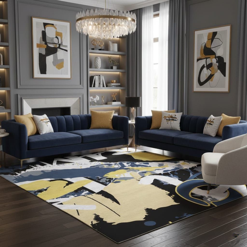 Urban Collage Graffiti Rug in Navy, Yellow & Black – Hand-Tufted Modern Art Carpet | Room Rituals